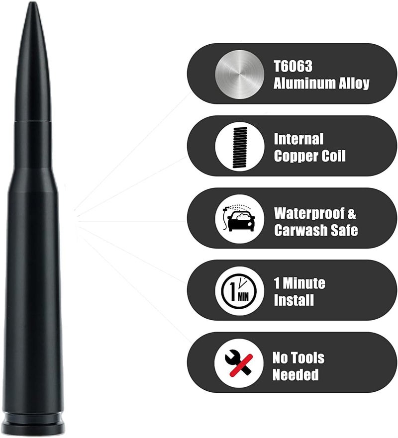 CZSWCH 50 Cal Truck Bullet Antenna Compatible with Ford F150 F250 F350 Raptor Bronco/Dodge RAM 1500 2500 3500/Chevrolet Silverado & GMC Sierra-Short Replacement Antenna 1990 - Current (Black) - Image 3